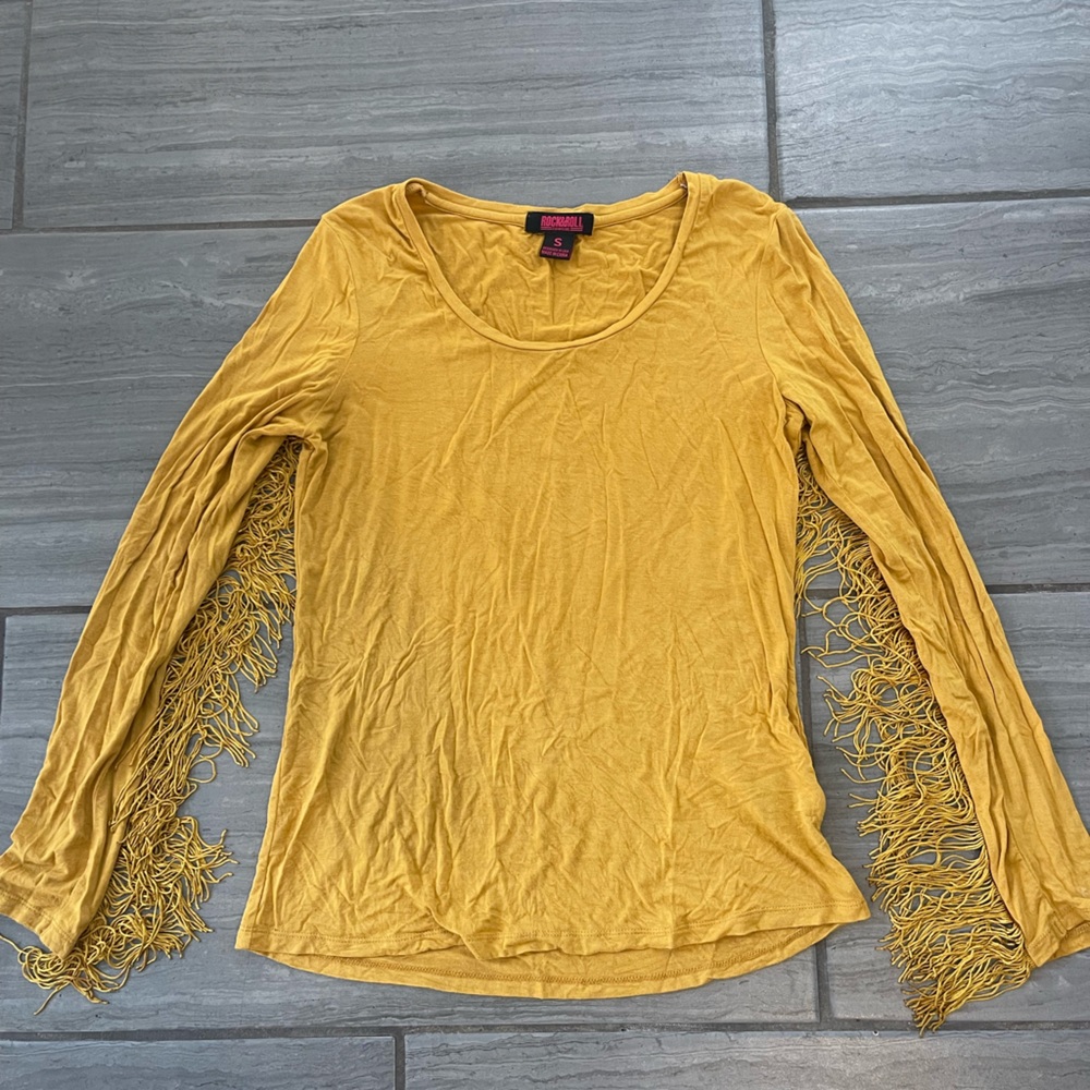 Rock & Roll Cowgirl Mustard Fringe Sleeve Blouse